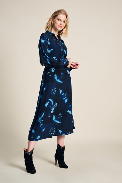 POM Amsterdam Dresses Blue / 34 DRESS - Feathers and Floral Blue